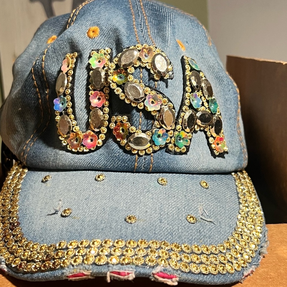 Denim Rhinestone Baseball Cap with Jeweled "USA" Accent